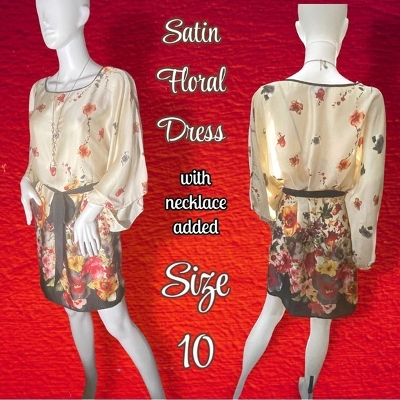 Allen B by Allen Schwartz Satin Floral Dress with Kimono Sleeves Size 10 - Picture 1 of 15